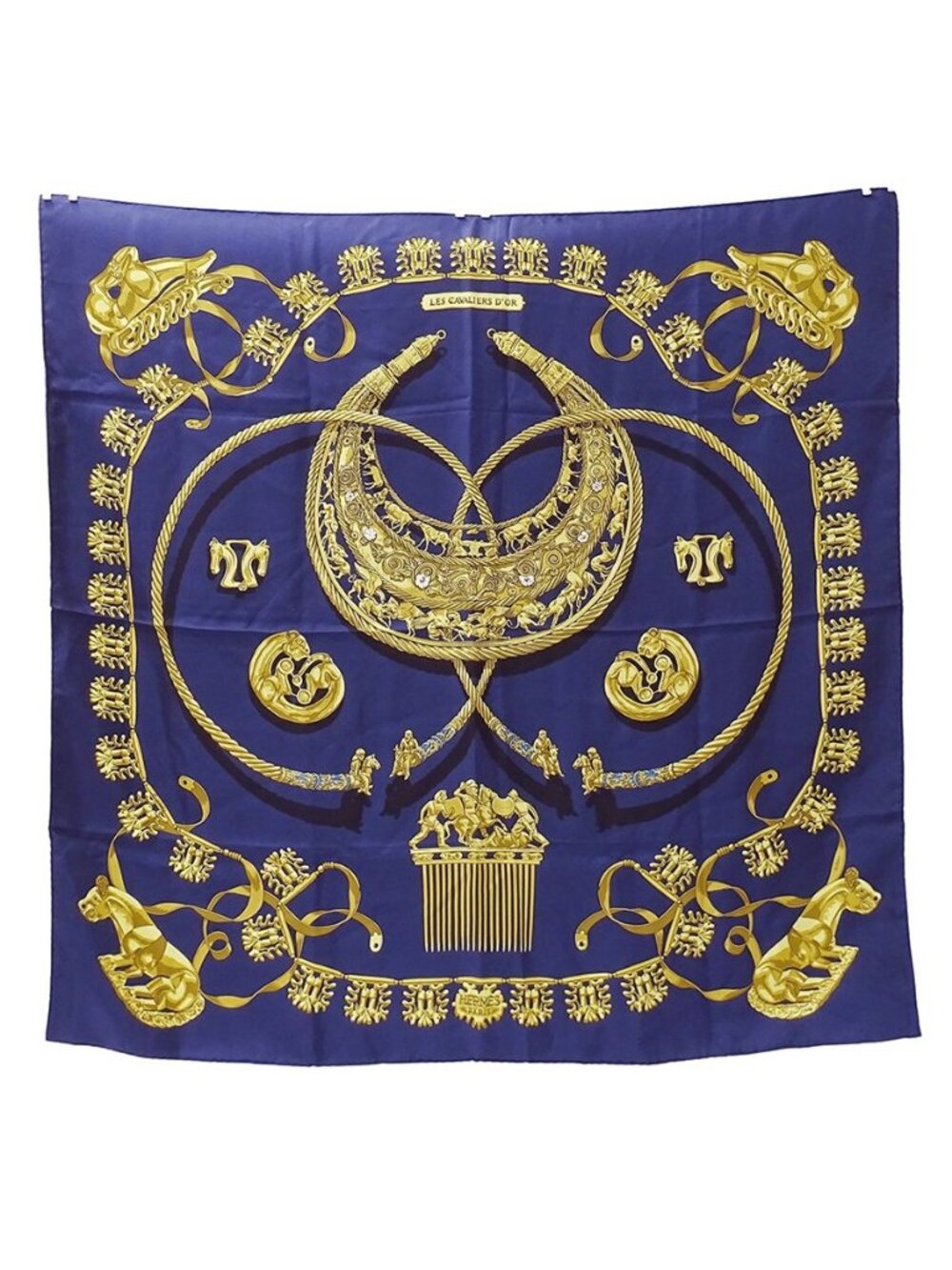 Hermes Scarf Carre 90 les Cavaliers D'or Yellow Golden Knight Silk Navy Large